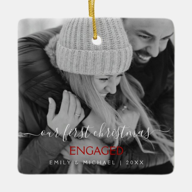 Our First Christmas Engaged Hand Lettered Photo Ceramic Ornament (Front)