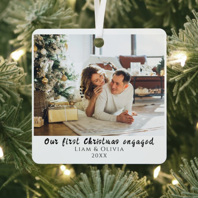  Our First Christmas Engaged Minimal Couple Photo Metal Ornament (Insitu)