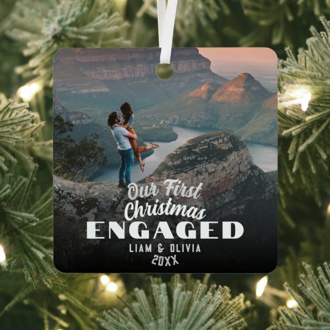  Our First Christmas Engaged Minimal Couple Photo Metal Ornament (Insitu)