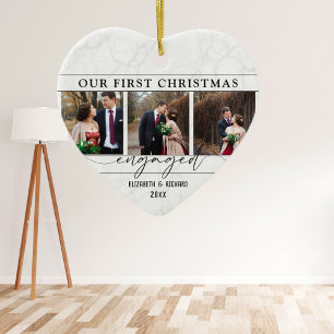 Our First Christmas Engaged Minimal Photo Collage Ceramic Ornament
