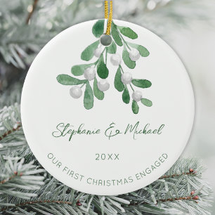 Our First Christmas Engaged Mistletoe Ceramic Ornament