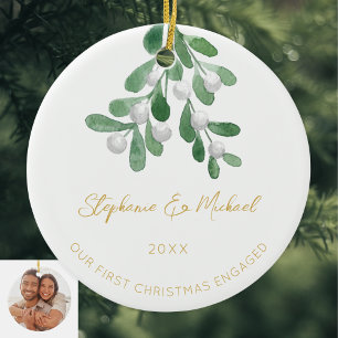 Our First Christmas Engaged Mistletoe Gold Photo Ceramic Ornament