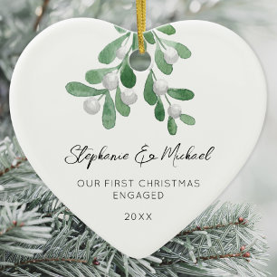 Our First Christmas Engaged Mistletoe Heart  Ceramic Ornament