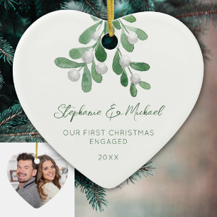 Our First Christmas Engaged Mistletoe Photo Heart  Ceramic Ornament