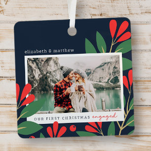 Our First Christmas Engaged Modern Foliage Metal Ornament