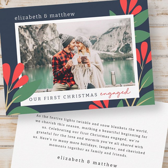 Our First Christmas Engaged Modern Foliage Photo Holiday Card (Creator Uploaded)