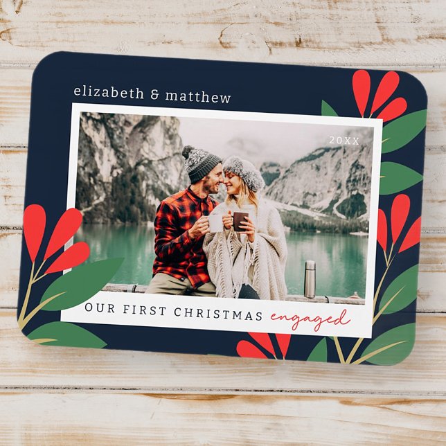 Our First Christmas Engaged Modern Foliage Photo Magnet (Creator Uploaded)
