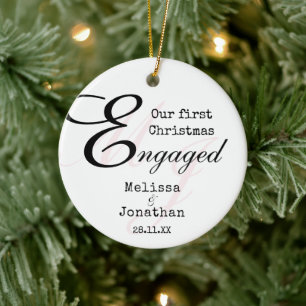 Our first Christmas Engaged Modern Minimalist Pink Ceramic Ornament