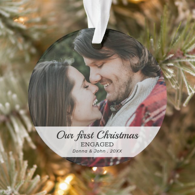 Our First Christmas Engaged Modern Script Photo Ornament (Tree)