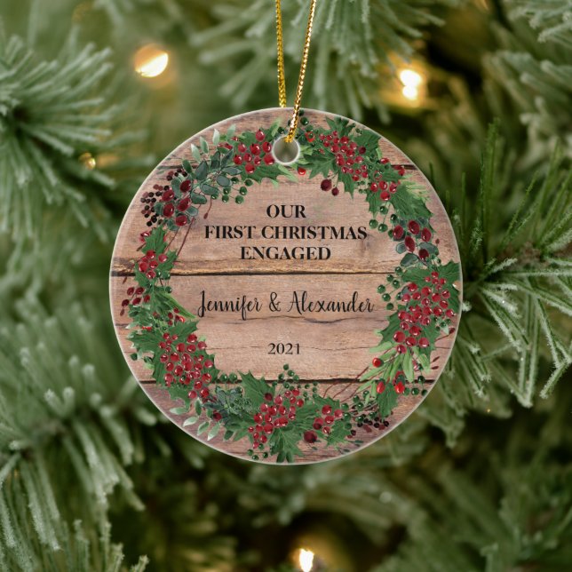 Our first Christmas engaged on wood berries Ceramic Ornament (Tree)