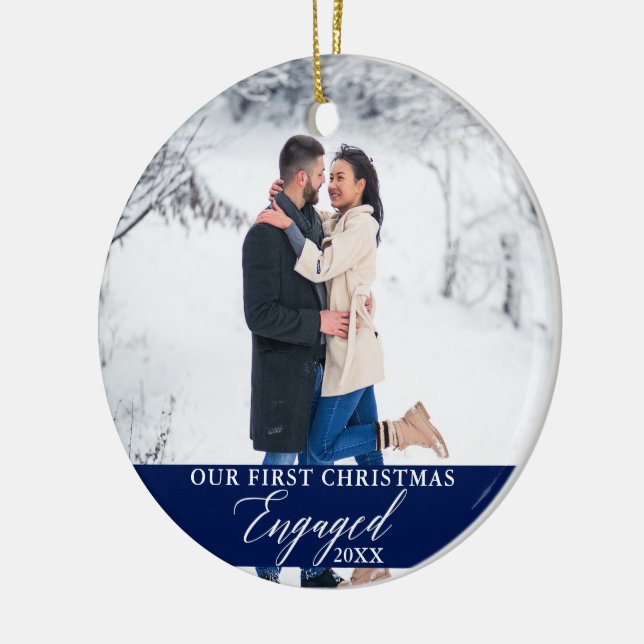 Our First Christmas Engaged Photo Blue Ceramic Ornament (Left)