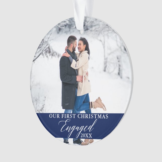 Our First Christmas Engaged Photo Blue Ornament (Front)