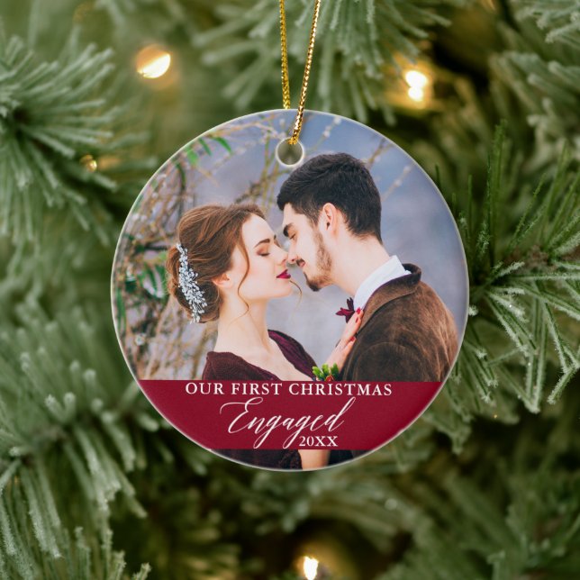 Our First Christmas Engaged Photo Burgundy Ceramic Ornament (Tree)