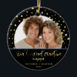 Our First Christmas Engaged Photo Gold Confetti Ceramic Ornament<br><div class="desc">Elegant design features Our First Christmas Engaged with your beautiful photo against black and faux gold-foil stars and confetti. Easily customize your name and date on the back of the ornament. A beautiful memento for the engaged couple to keep always, and the perfect keepsake to give as a gift to...</div>