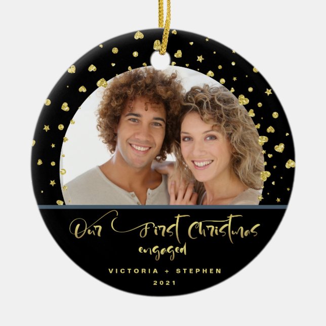 Our First Christmas Engaged Photo Gold Confetti Ceramic Ornament (Front)