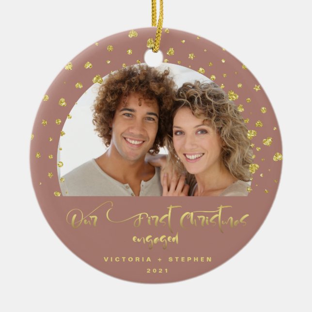 Our First Christmas Engaged Photo Gold Hearts  Ceramic Ornament (Front)