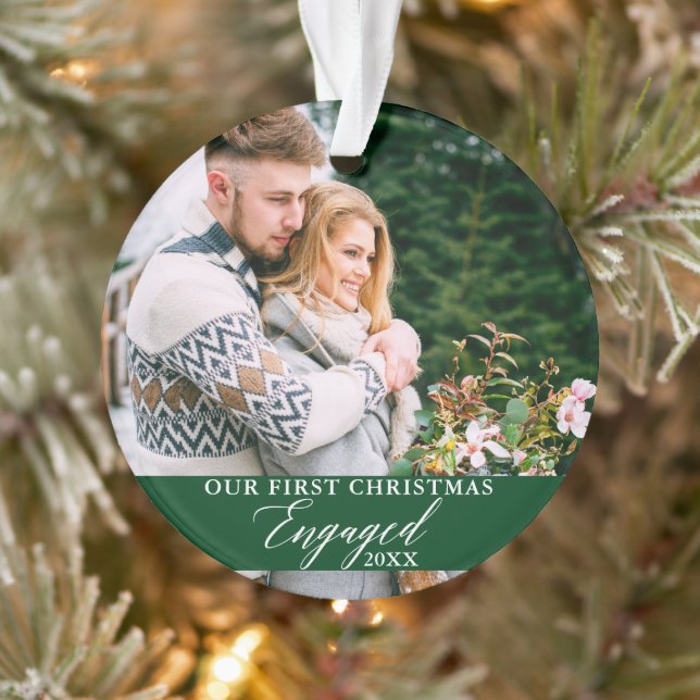 Our First Christmas Engaged Photo Green Ornament (Tree)