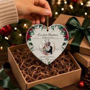Our First Christmas Engaged Photo Heart Ceramic Ornament