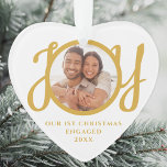 Our First Christmas Engaged Photo Heart-Shaped Ornament<br><div class="desc">This keepsake heart-shaped First Christmas Engaged photo ornament is decorated with the word JOY in stylish gold script typography. Easily customizable.</div>