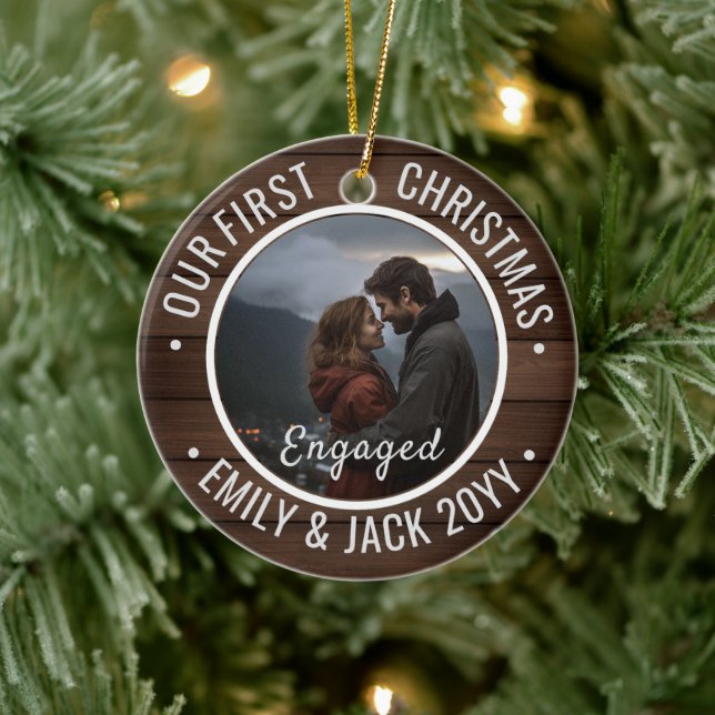 Our First Christmas Engaged Photo Keepsake Ceramic Ornament (Tree)