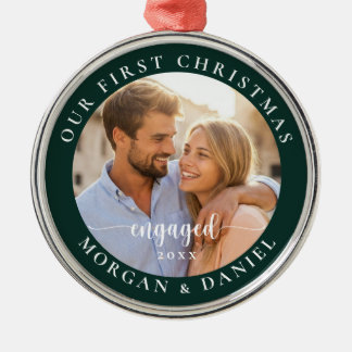 Our First Christmas Engaged Photo Keepsake Green Metal Ornament