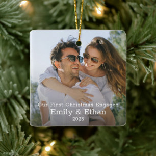 Our First Christmas Engaged Photo Minimal Modern C Ceramic Ornament