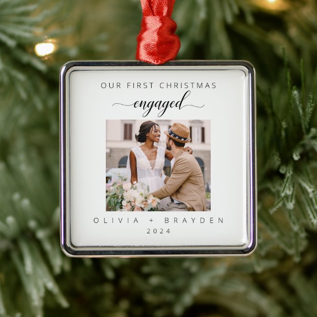 Our First Christmas Engaged Photo Minimalist Metal Ornament (Tree)