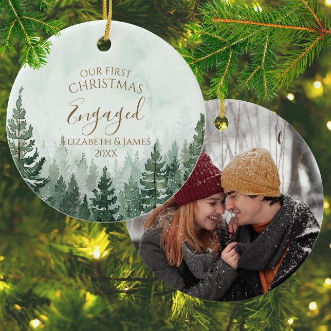Our First Christmas Engaged Photo Pine Tree Forest Ceramic Ornament (Our First Christmas Engaged Photo Pine Tree Forest Ceramic Ornament)