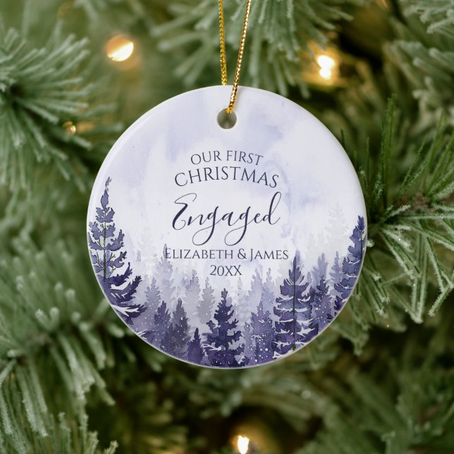 Our First Christmas Engaged Photo Pine Tree Forest Ceramic Ornament (Tree)