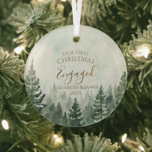Our First Christmas Engaged Photo Pine Tree Forest Glass Ornament