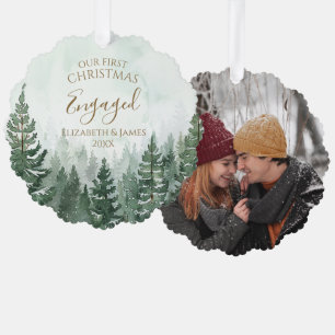 Our First Christmas Engaged Photo Pine Tree Forest Ornament Card