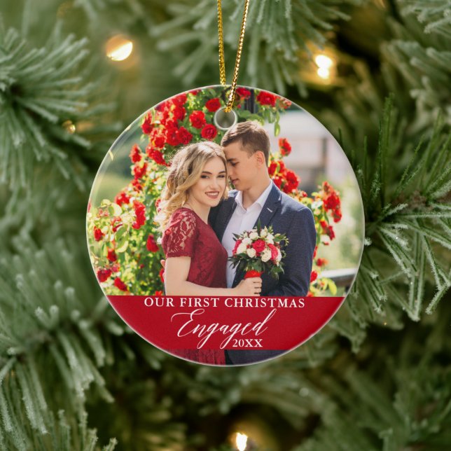 Our First Christmas Engaged Photo Red Ceramic Ornament (Tree)