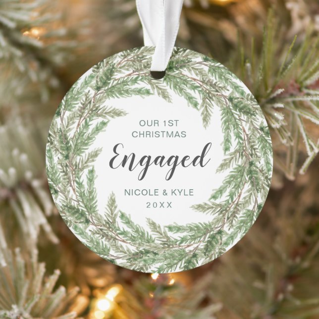 Our First Christmas Engaged Pine Wreath Photo Ornament (Tree)
