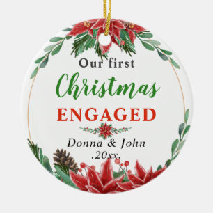 Our First Christmas Engaged Poinsettia Wreath Ceramic Ornament