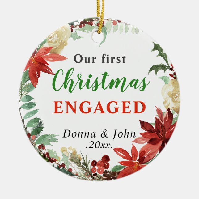 Our First Christmas Engaged | Poinsettia Wreath Ceramic Ornament (Front)