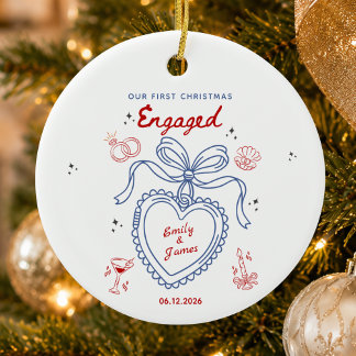 Our First christmas Engaged Red Blue Handdrawn Ceramic Ornament