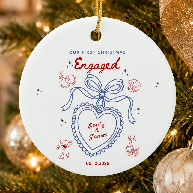 Our First christmas Engaged Red Blue Handdrawn Ceramic Ornament (Creator Uploaded)