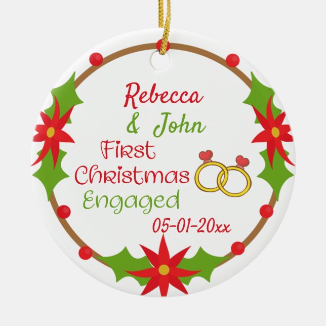 Our First Christmas Engaged Rings Cute Ceramic Ornament (Front)
