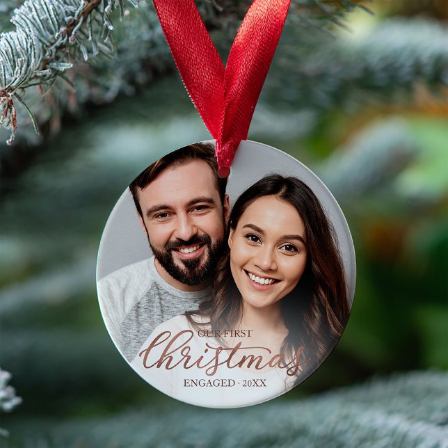 Our First Christmas Engaged Rose Gold Script Ornament (Creator Uploaded)