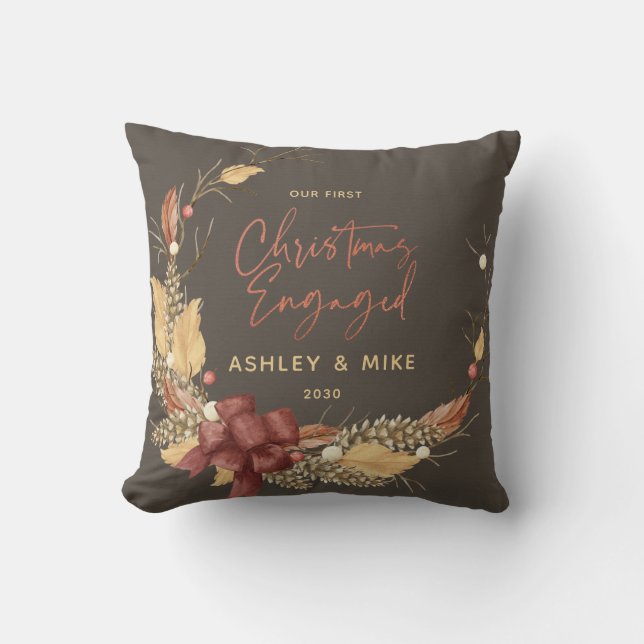 Our First Christmas Engaged Rustic Copper Photo Throw Pillow (Front)