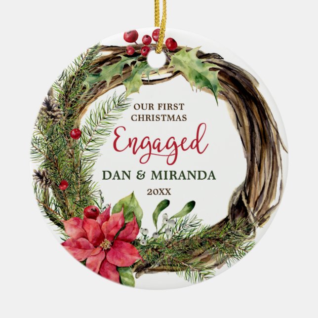 Our First Christmas Engaged Rustic Wreath Custom Ceramic Ornament (Front)