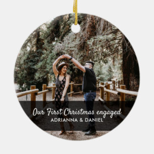 Our First Christmas Engaged Script Couple Photo Ceramic Ornament