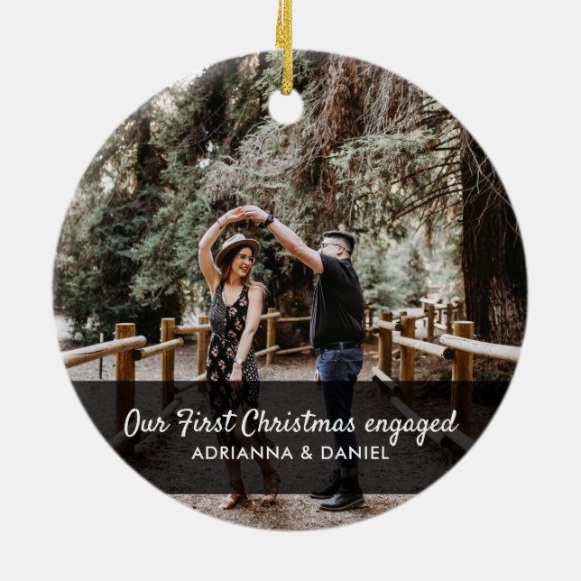 Our First Christmas Engaged Script Couple Photo Ceramic Ornament (Back)