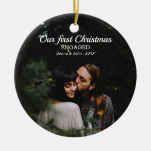 Our First Christmas Engaged Script Couple Photo Ceramic Ornament