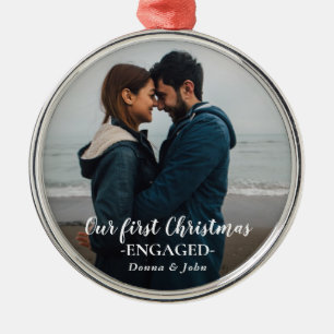 Our First Christmas Engaged Script Couple Photo Metal Ornament