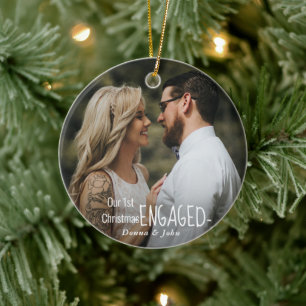 Our First Christmas Engaged Script Elegant Photo Ceramic Ornament