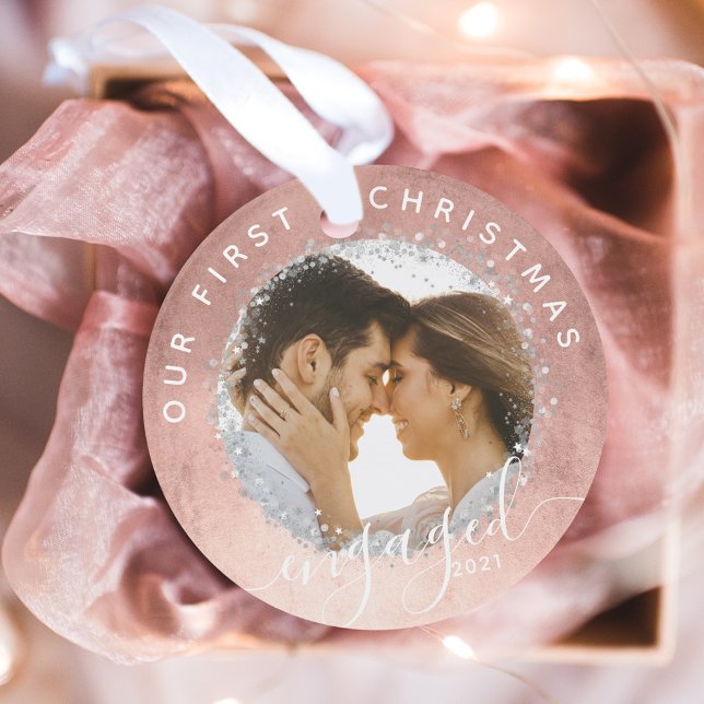 Our First Christmas Engaged Script Rose Gold Photo Ornament (Our First Christmas Engaged Script Rose Gold Photo Ornament)
