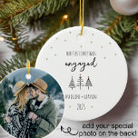 Our First Christmas Engaged Simple  Ceramic Ornament<br><div class="desc">Wonderful black and white trees and copper stars with hand lettered text make this ornament a beautiful keepsake for the newly married couple. Add a special photo on the back! Along with the phrase Our First Christmas as Mr and Mrs. along with names and year make this a wonderful gift...</div>