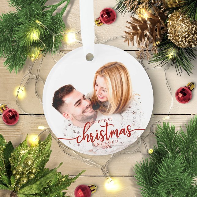 Our First Christmas Engaged Simple Elegant Photo Ornament (Creator Uploaded)