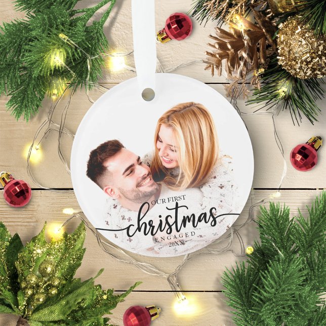 Our First Christmas Engaged Simple Elegant Photo Ornament (Creator Uploaded)
